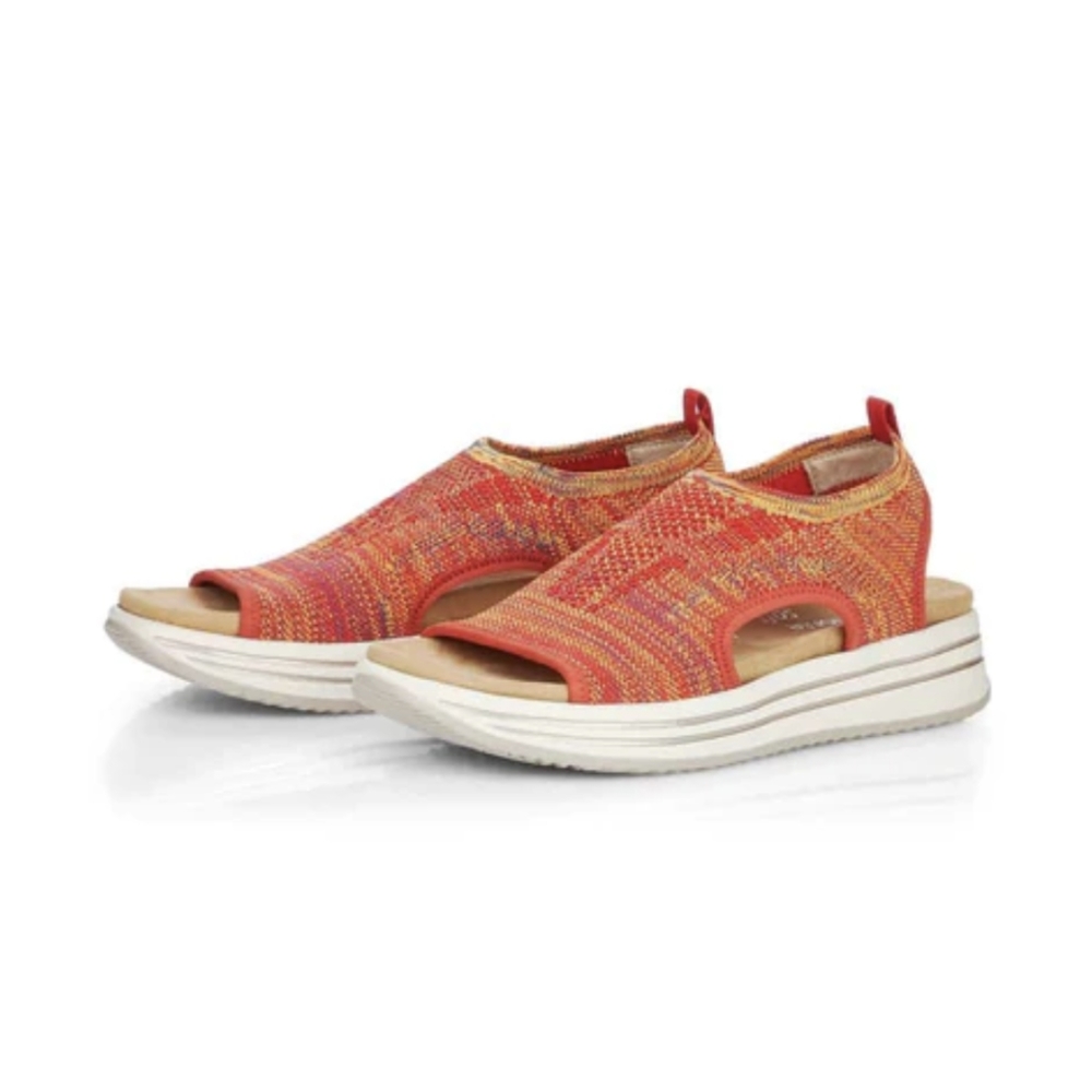 REMONTE* women's knit up sandals multi orange colour. Suede foot bed. rubber